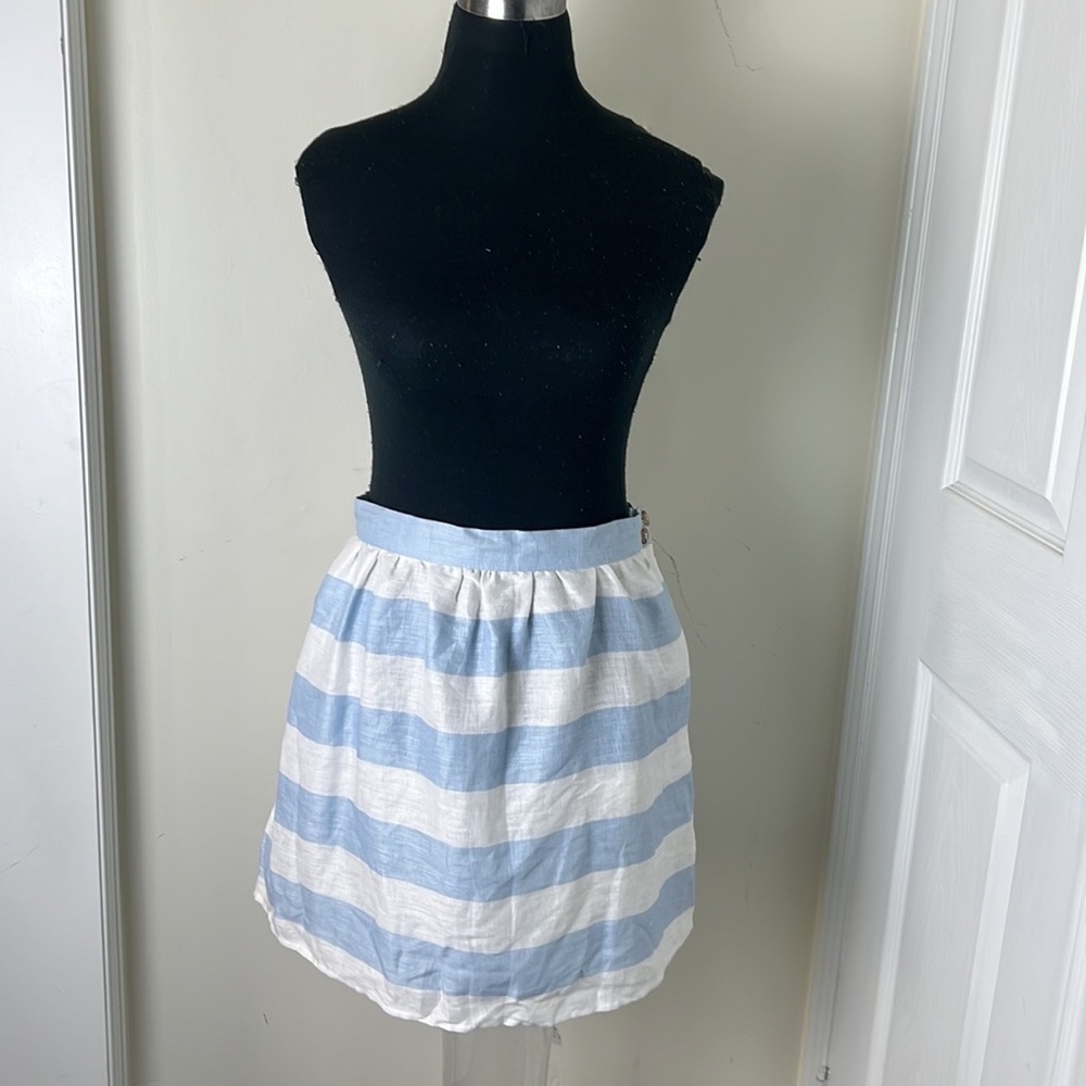 Kenar 100% Linen Rugby Stripes Skater Mini Pockets Skirt Size 12